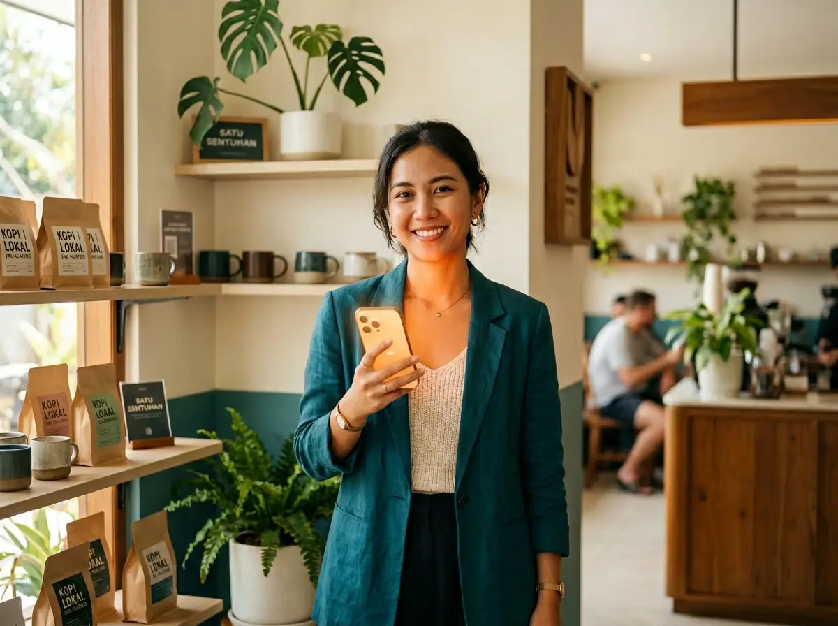 Ilustrasi pemilik UMKM modern yang sukses bertransformasi digital menggunakan layanan Cahaya Karsa
